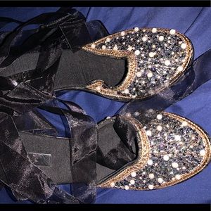 Beaded wedge mules with ribbon lace ankle wrap